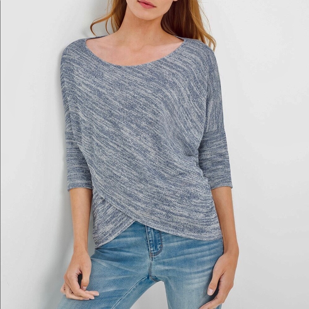 White House Black Market Sparkle Blue Gray Silver Cross Front Knit Top Small